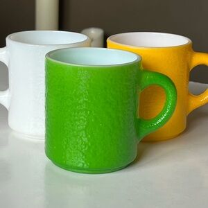 Hazel-Atlas “Orange Peel” pebble textured milk glass coffee mugs set/3
